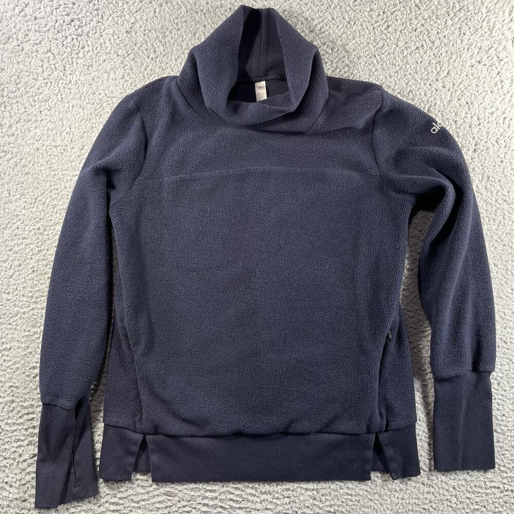 Alo Yoga Haze Funnel Neck Fleece Pullover Navy Blue Thumbholes Pleated Back S